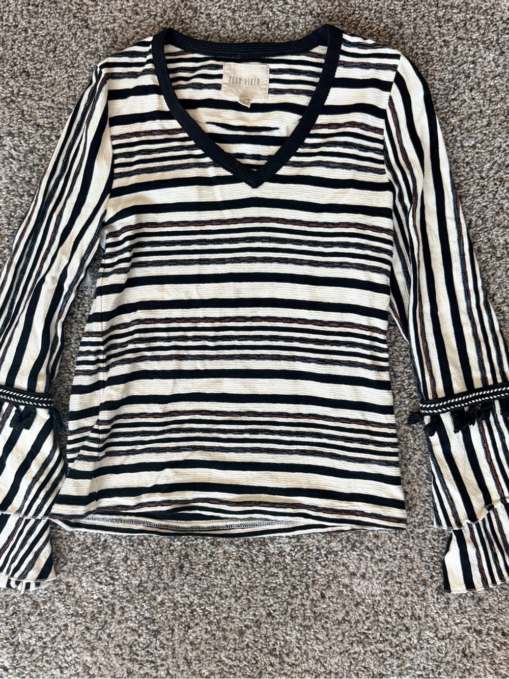 Moon River Black and White Striped Long Sleeve Ruffle Cuff Top